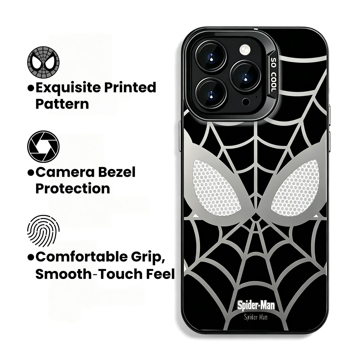 Marvel Spider-Man Mask Web Pattern Phone Case 2 Colors Glossy Anti-Fingerprint Camera Protective Slim Shockproof Comfort Grip Protective Cover For iPhone Series