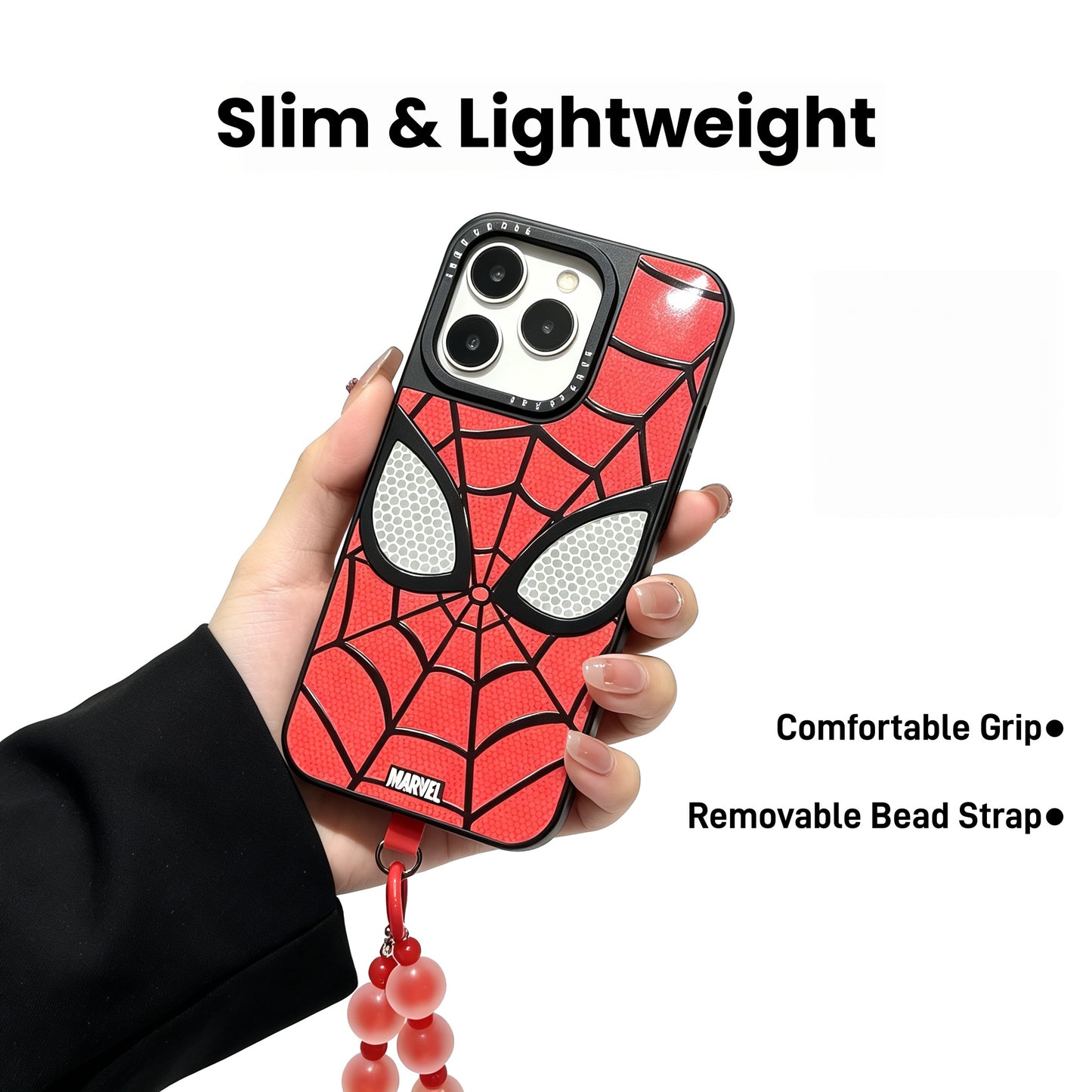 Marvel Spider-Man Red Web Print Phone Case With Removable Bead Strap, Soft Shockproof Bumper Slim Lightweight Scratch Resistant Protective Cover Comfort Grip Design