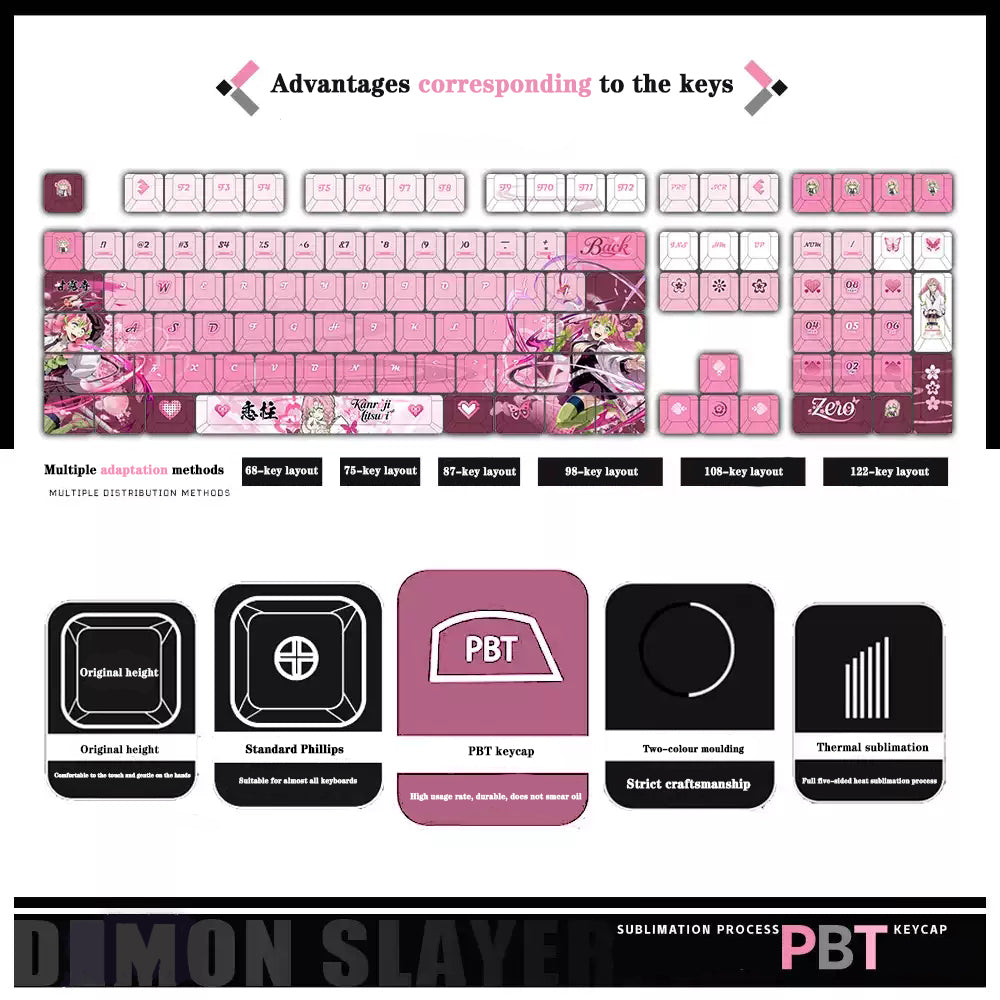 Demon Slayer Kanroji Mitsuri Keycaps 122 PBT Sublimation Keycap sæt til mekanisk tastatur med detaljeret skærm og mulighed for enkelt tastatur