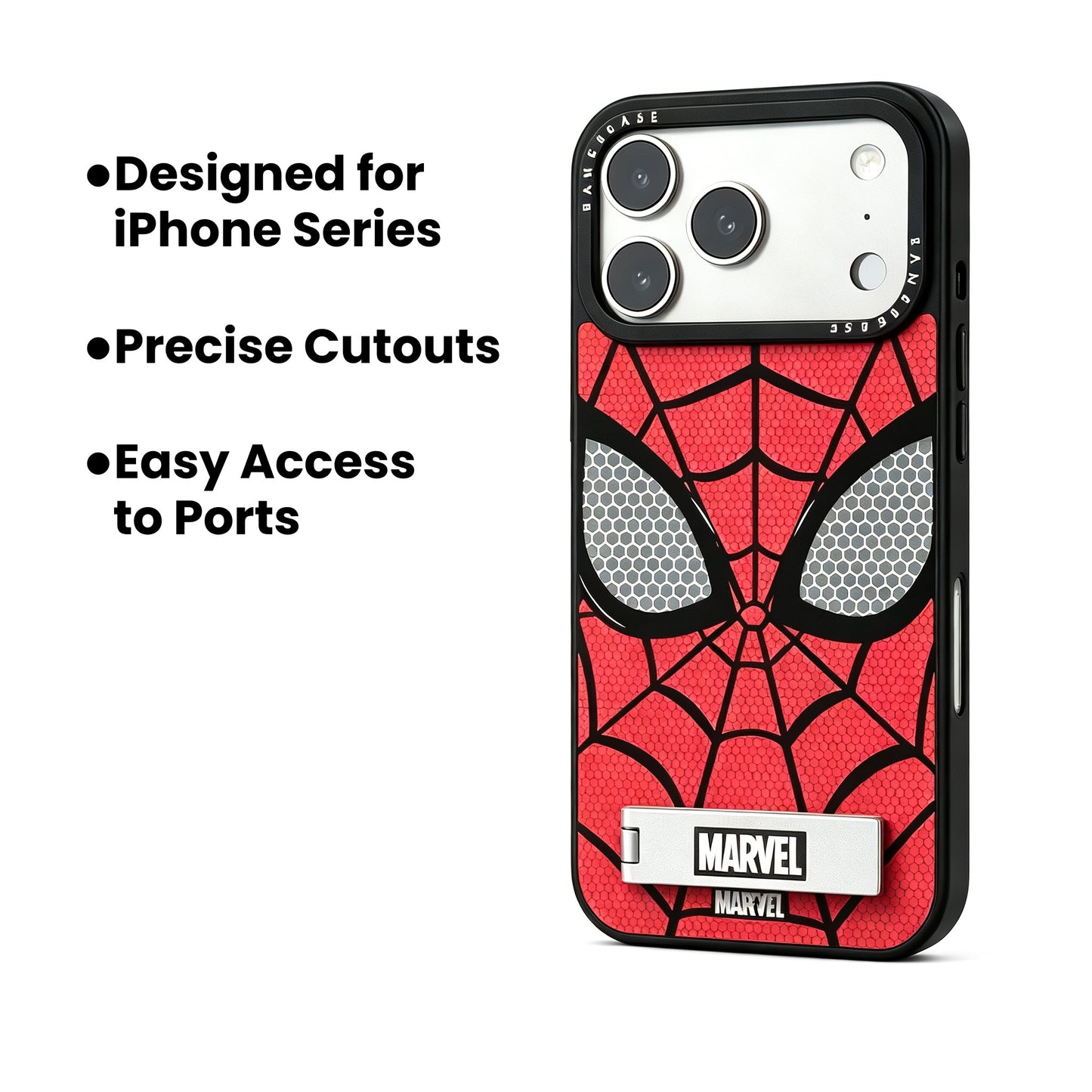 Marvel Spider-Man Web Face Print Phone Case With Built-in Metal Kickstand Slim Shockproof Soft Bumper Precise Cutout Anti-Scratch Protective Cover For iPhone Series