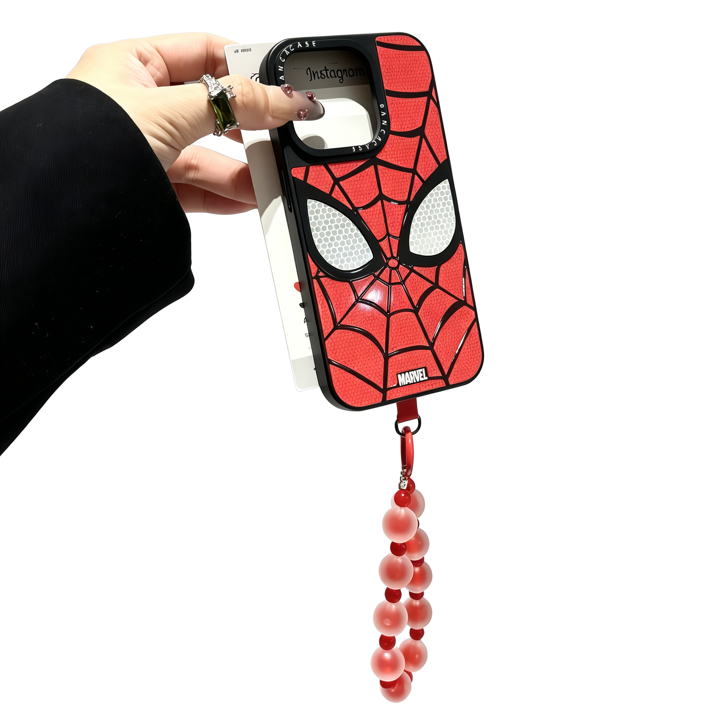 Marvel Spider-Man Red Web Print Phone Case With Removable Bead Strap, Soft Shockproof Bumper Slim Lightweight Scratch Resistant Protective Cover Comfort Grip Design