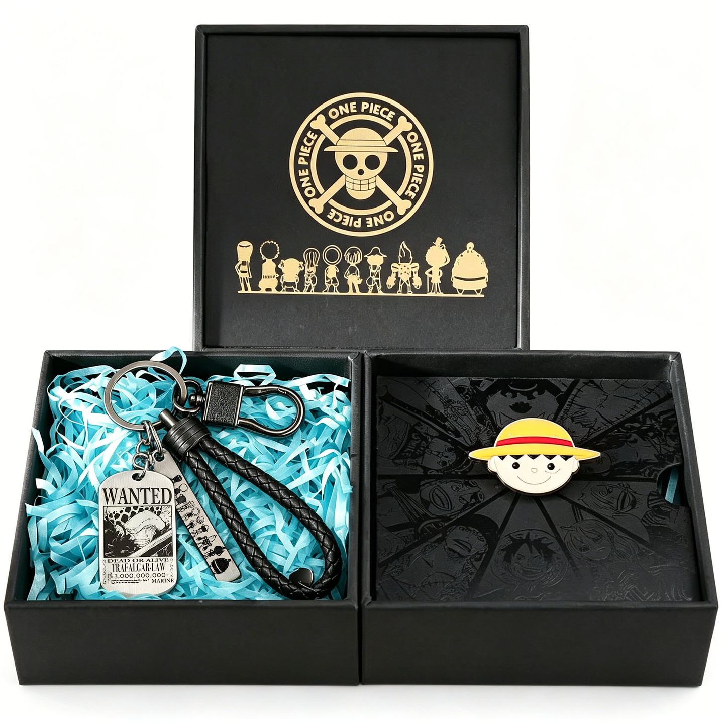 One Piece Luffy Ace Wanted Poster Keychain & Devil Fruit Pin Gift Set, Anime Metal Dog Tag Keychain with Brooch