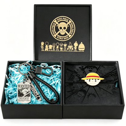 One Piece Luffy Ace Wanted Poster Keychain & Devil Fruit Pin Gift Set, Anime Metal Dog Tag Keychain with Brooch