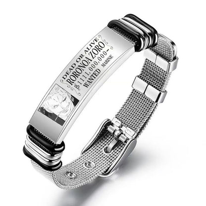 One Piece Monkey D Luffy Roronoa Zoro Engraved Wanted Poster Stainless Steel Mesh Bracelet, Adjustable Anime Wrist Band Jewelry Gift