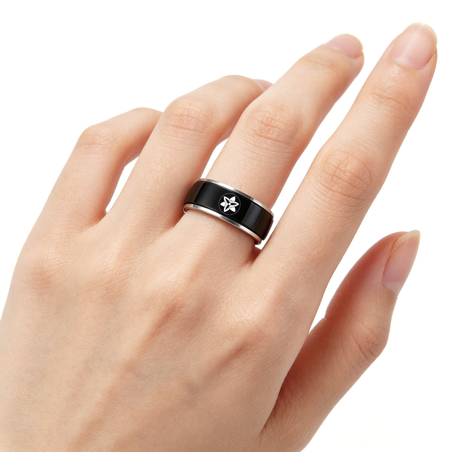 Anillo giratorio Naruto Sasuke Mangekyo Sharingan, anillo giratorio de acero de titanio de anime