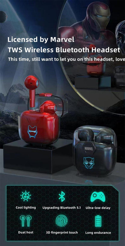Marvel Iron Man Black Panther kabellose Ohrhörer, Marvel TWS Bluetooth 5.1 Kopfhörer mit LED-Licht