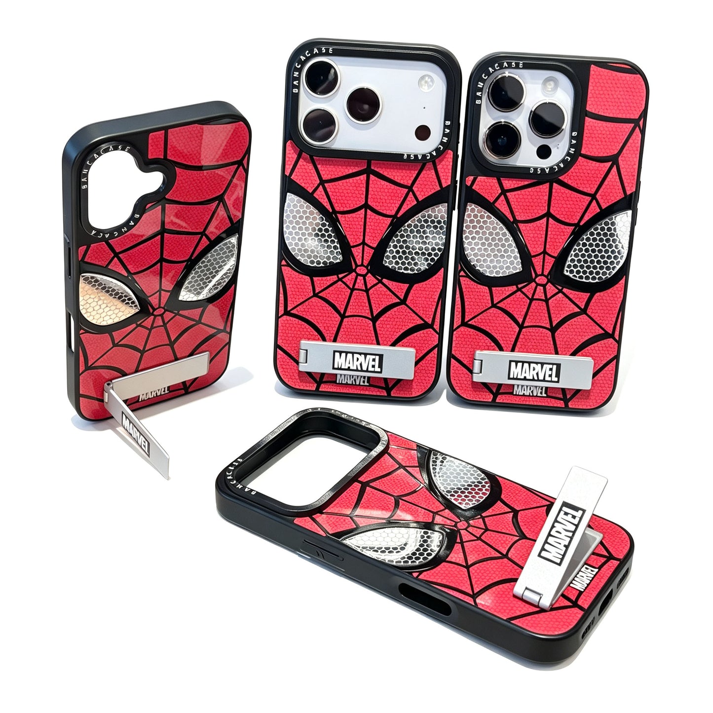 Marvel Spider-Man Web Face Print Phone Case With Built-in Metal Kickstand Slim Shockproof Soft Bumper Precise Cutout Anti-Scratch Protective Cover For iPhone Series