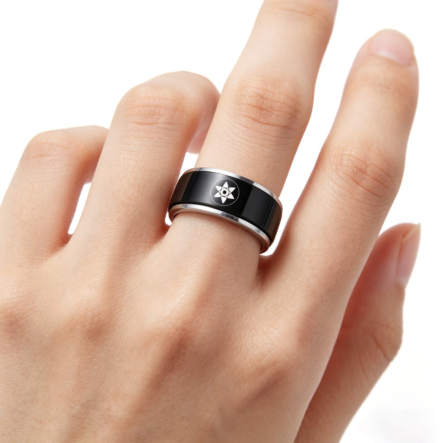 Anillo giratorio Naruto Sasuke Mangekyo Sharingan, anillo giratorio de acero de titanio de anime