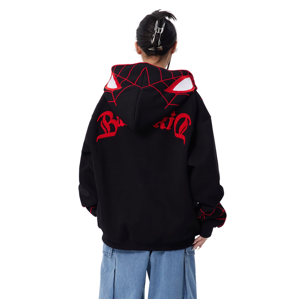 Marvel Spider‑Man Full Zip Hoodie, Spider Web Chenille Embroidery Hooded Sweatshirt With Mask Eyes Design, Oversized Casual Streetwear Jacket For Men Women, Multi‑Color Options, Loose Fit Long Sleeve Cosplay Daily Hooded Coat