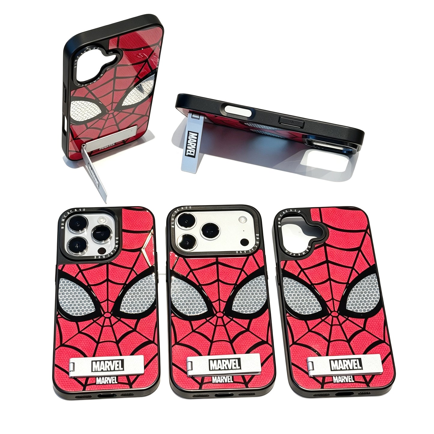 Marvel Spider-Man Web Face Print Phone Case With Built-in Metal Kickstand Slim Shockproof Soft Bumper Precise Cutout Anti-Scratch Protective Cover For iPhone Series
