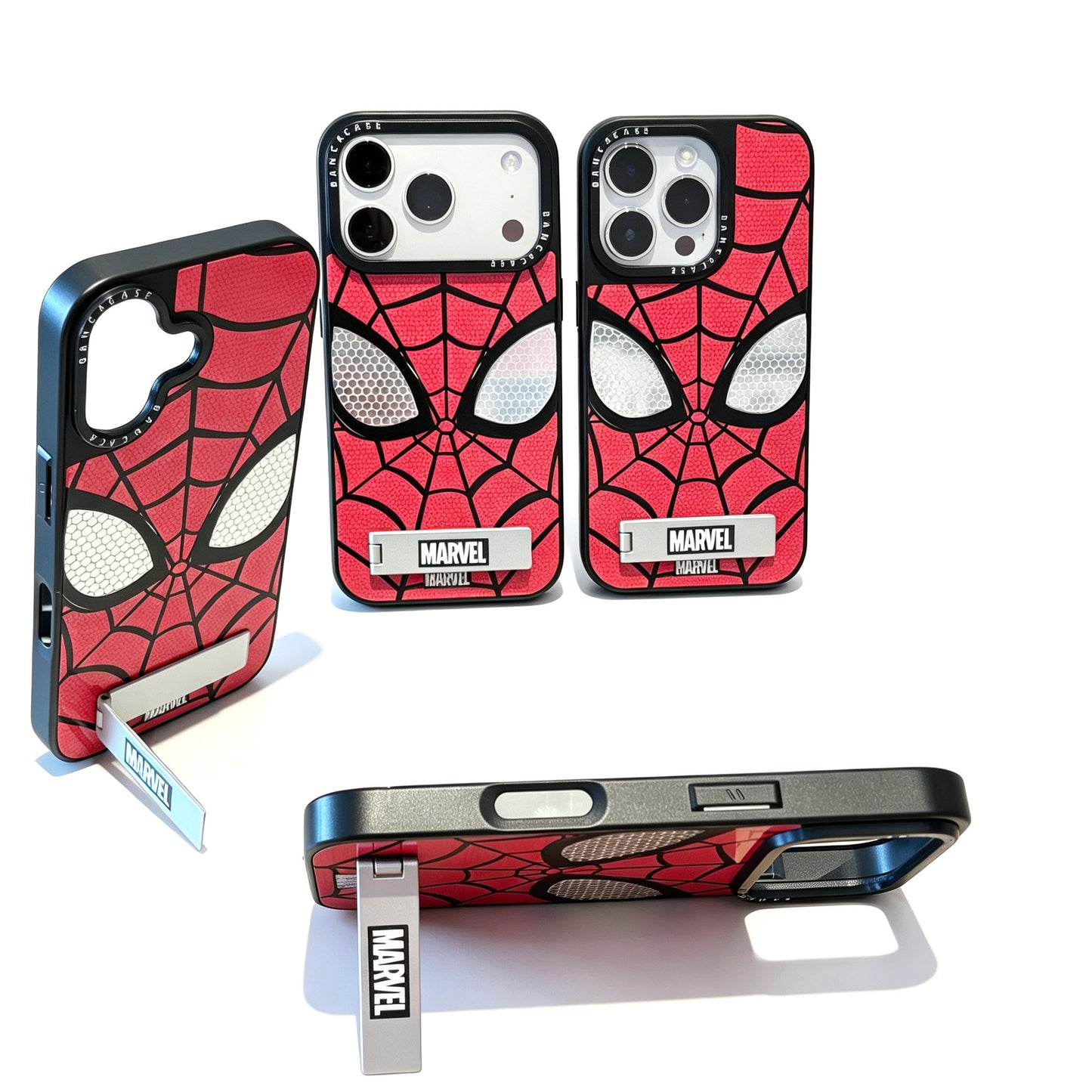 Marvel Spider-Man Web Face Print Phone Case With Built-in Metal Kickstand Slim Shockproof Soft Bumper Precise Cutout Anti-Scratch Protective Cover For iPhone Series