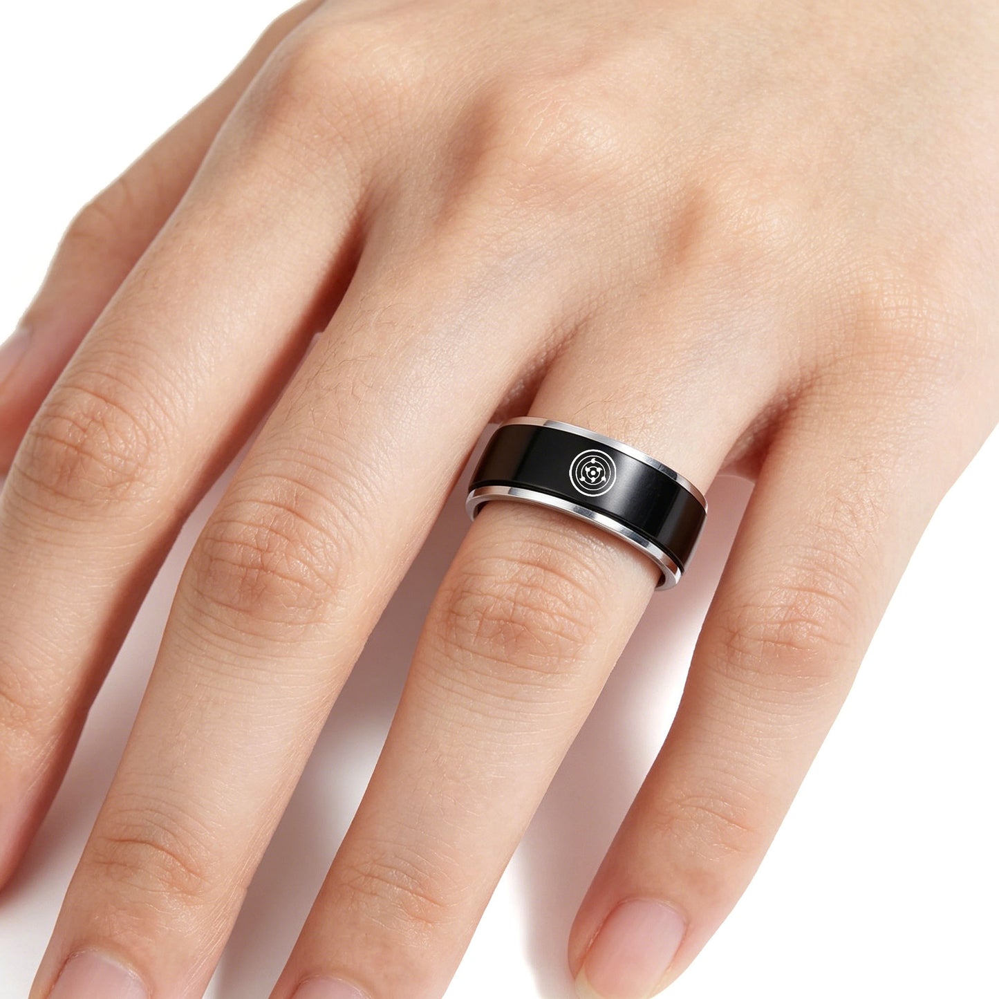 Anillo giratorio Naruto Sasuke Mangekyo Sharingan, anillo giratorio de acero de titanio de anime