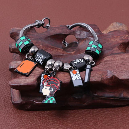 Demon Slayer Kamado Tanjiro Beaded Charm Bracelet, Adjustable Anime Chain