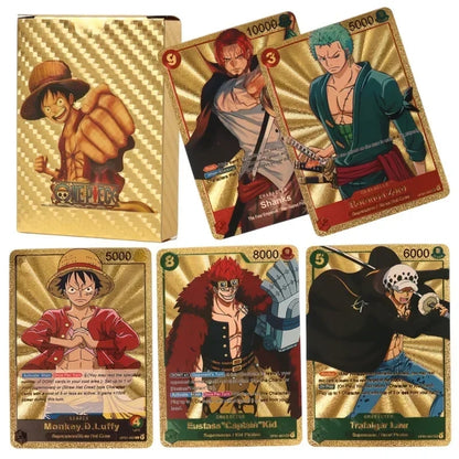 One Piece Monkey D Luffy Roronoa Zoro Gold Foil Collectible Trading Cards Box Set, Anime Character Waterproof Gold Plated TCG Game Cards